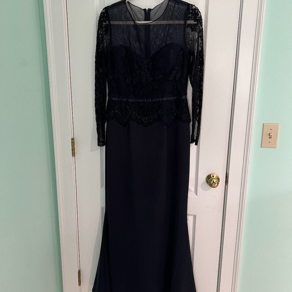 JS Collections Navy Blue Long Sleeve Lace Bodice Gown